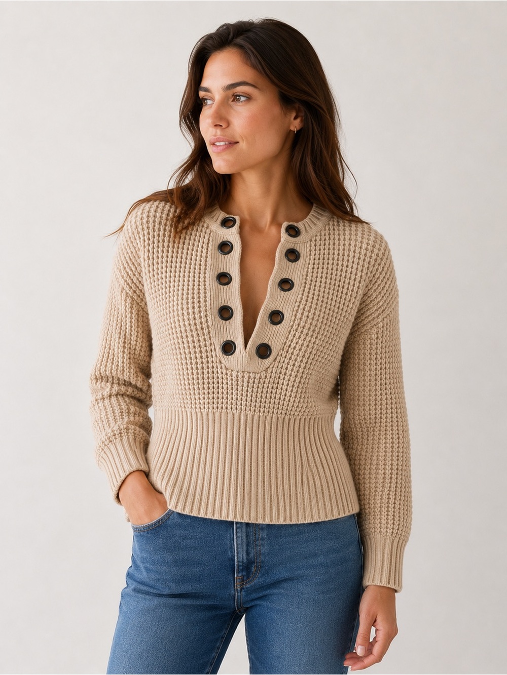 525 America Merino Wool Cotton Waffle Knit Sweater Beige Size S